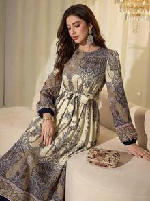 Al Najma 女士优雅阿拉伯风格梭织印花收腰喇叭泡泡袖连衣裙，春夏款 - 彩色 - 查看 8