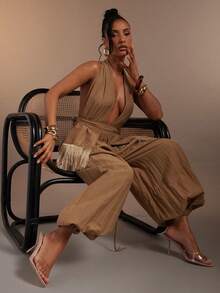 Hauture Women's Sexy Linen Elastic Waistband Wide Leg Pleated Lantern Pants - Brown - View 2