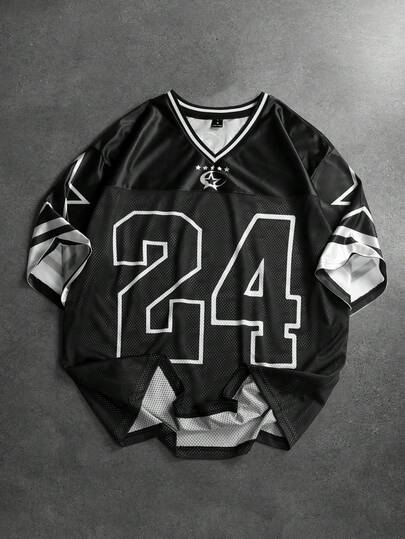 PAVTROS 男士休闲网眼面料数字图案V领短袖T恤，夏季