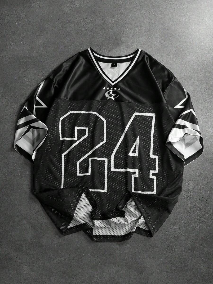 PAVTROS 男士休闲网眼面料数字图案V领短袖T恤，夏季 - 黑色 - 查看 1