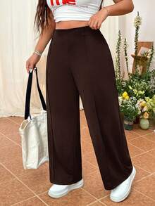 SHEIN EZwear 大码女式纯色简约直筒休闲裤 - 咖啡棕 - 查看 5