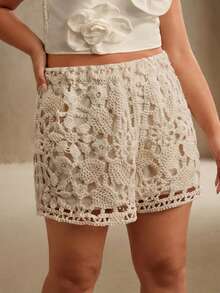 Anewsta Plus Size Casual Solid Color Hollow Out Knit Shorts - Apricot - View 3