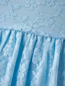 Cute Yellow Lace Trim A-Line Dress With Flutter Sleeves For Toddler Girls, Soft & Adorable Design Suitable For Family Gatherings And Outdoor Activities, Spring/Summer - Baby Blue - View 4