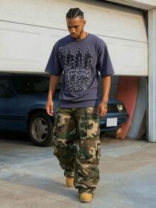 AXEPEAK Men's Graphic T-Shirt, Knitted Sweatshirt, Letter Pattern, White Pearl Embellishment, Loose Short-Sleeved T-Shirt. - Grey - View 2