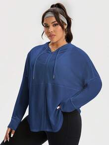 Rhythm Era Jaqueta Esportiva com Capuz e Cordão Embutido, Cor Sólida, Casual, Plus Size para Mulheres, Jaquetas Plus Size Athleisure, Moletons Plus Size para Mulheres, Roupas Esportivas Plus Size para Mulheres - Azul Marinho - Visão 4