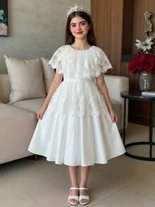 SHEIN Tween Girl Elegant White Lace Patchwork Dress,Summer Flower Girl Wedding Party Modest Ivory Dress For Tweens Teen Young Girl Spring Solid Color - White - View 5
