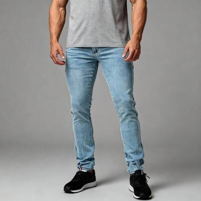 Pantalón, jeans, con Rayas en Costados, regular fit, hombre, mezclilla, con bolsas, strech, cómodo, ligero, casual, para uso diario, para día y noche, fines de semana. Estilo relajado, urbano, Street, vacaciones, básico, primavera, verano, otoño, invierno, Y2K. Formal e informal, a la moda. Mezcla de algodón, poliester, elastano.