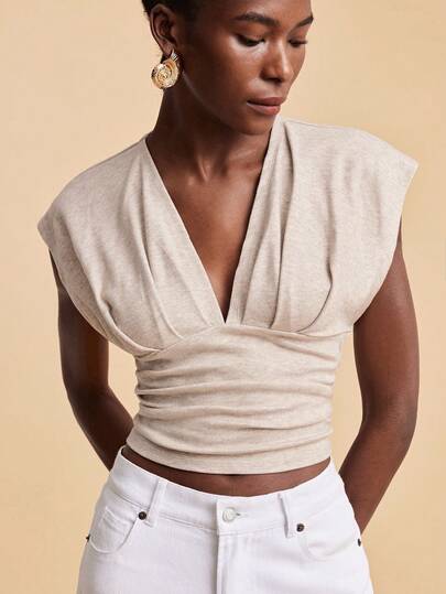 Travachic Women's Fashion V-Neck Ruched Cropped T-Shirt, Summer,Vacation Casual Terno Outfit For Women,Summer Holiday Outfits,Spring Break Outfits,Party Outfit,Beach Outfit,Spring Clothing,Valentine's Day,Valentine Outfits For Women,Carnival Costume,Elegant,Floral,Carnival,Spring To Summer ,Party ,Summer Tops,Valentine's Day Tops,Wedding Guest Tops For Women,Birthday Tops,Party Tops,Elegant Tops For Women,Floral Tops,Summer Tops,Carnival Costume, Mexican Style Tops Women Boho Tops For Women