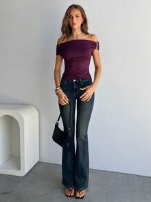 Aloruh Celana Jeans Kasual Musim Panas Wanita dengan Saku Miring, Musim Panas, Musim Semi, Liburan, Celana Jeans Flare Bbl Wanita, Celana Jeans Pinggang Rendah, Celana Jeans Flare Y2k - Biru - View 5