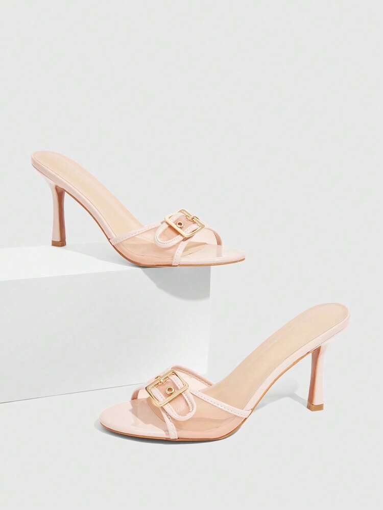 CUCCOO SZL Apricot Pink PU Gold Buckle Design Fashionable And Sexy Elegant Round Toe High Heel Slippers Valentine's Day Prom Heels Summer Shoes