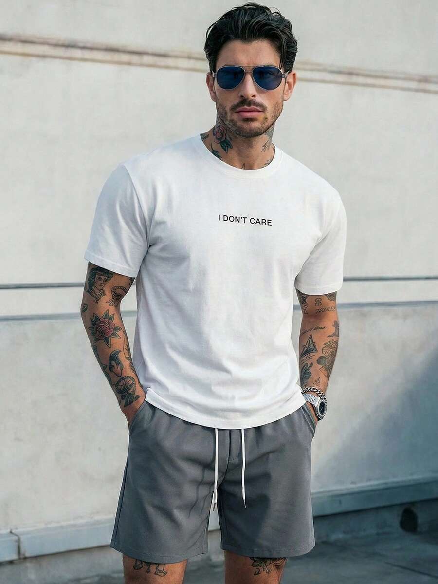 GENTILAND 男士标语印花圆领短袖休闲T恤和抽绳腰短裤套装