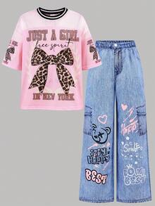 SHEIN 2pcs/Set Tween Girls' Loose Fit Butterfly Print T-Shirt And Denim Print Wide Leg Pants Set, Casual, Fashionable, Versatile, Suitable For Party, Outing, Photoshoot With Sisters, Park, Camping, Vacation, Daily Wear - Pink - View 12