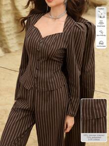 Modelyn 女士棕色条纹系带上衣和直筒裤两件套，春夏款 - 棕色 - 查看 1