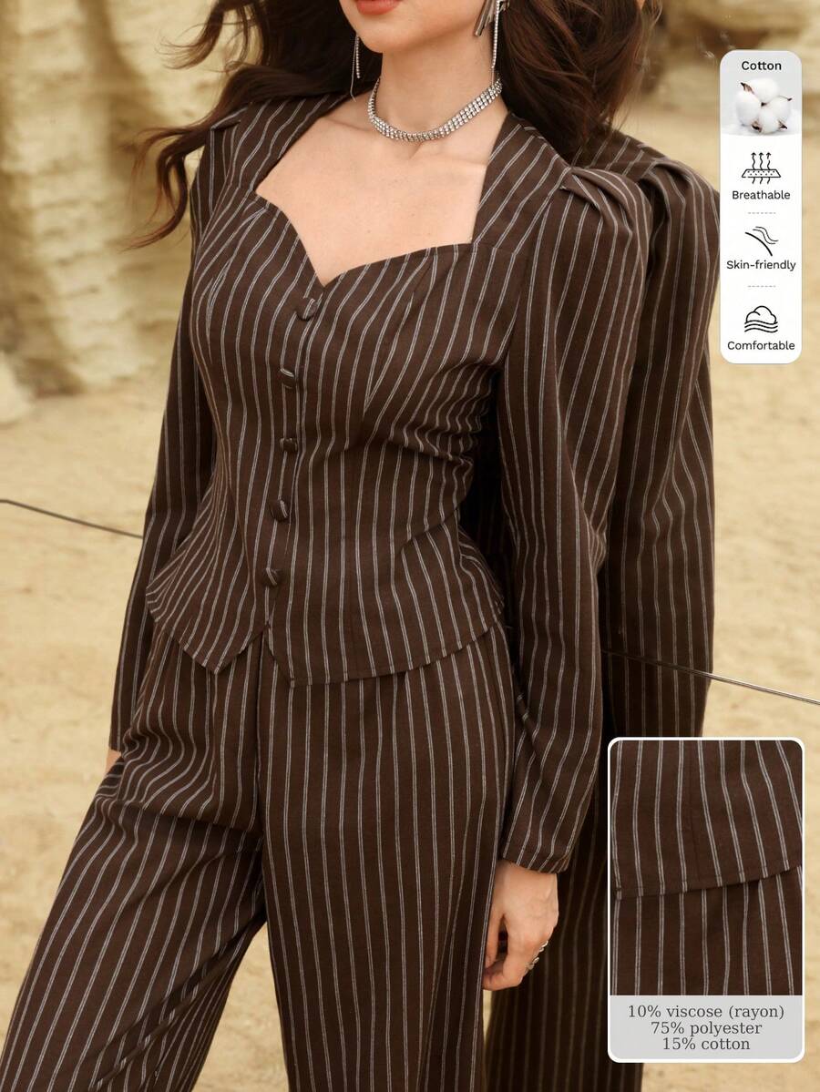 Modelyn 女士棕色条纹系带上衣和直筒裤两件套，春夏款 - 棕色 - 查看 1