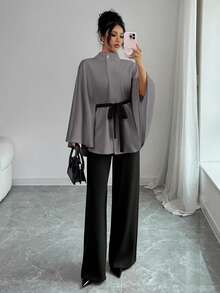 Elenzga Women's Knitted Elegant Vacation Commuting Autumn Two Pieces Set - Grey - View 4