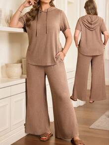 EMERY ROSE Plus Size Women's Brown Summer Curve Smart Casual Loungewear,Solid Short Sleeve Hooded T-Shirt&Wide Leg Pants 2-Piece Set,Comfortable Vacation Outfits - Mocha Brown - View 3