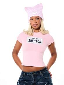 SUMWON WOMEN Made In America Graphic Baby Tee Short Sleeve Crew Neck Fitted Cotton Blend Patriotic Statement Top Casual Summer Essential - Pink - View 1