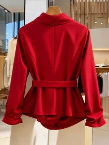 Elenzga Valentine's Day Fashionable Casual French Romantic Retro Elegant Elegant Commuter Tie Waist Bow Cuff Red Thin Blazer - Red - View 2