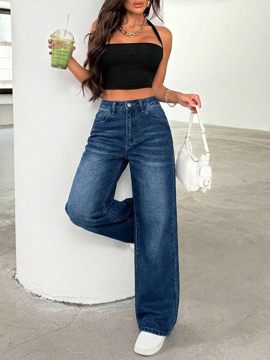 SHEIN Tall 女款簡約休閒藍色牛仔褲,適合高個女性 - 深色水洗藍 - 查看 1