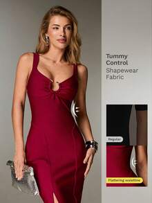 Nuvra 酒红色镂空心形吊带开衩连衣裙 - 酒紅色 - 查看 4