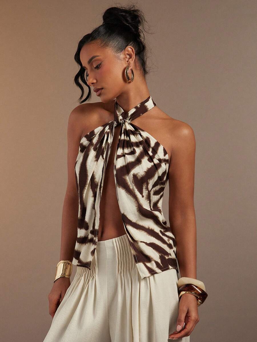 Hauture Women's Sexy Abstract Print Halter Neck Backless Linen Top - Coffee Brown - View 1