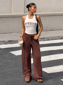 Muchica Women's Letter Embroidered Crew Neck Tank Top And Pants Knit Sportswear Set,Jogging Set,Spring Outfit Women, Going Out Outfits - Multicolor - View 4