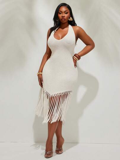 Radiana Plus Size Women's Spring/Summer Boho Apricot Crochet Tasseled Hem Flowy Dress, Holiday/Beach Outfit White Fringe Dress Tassel Dress White Mesh Dress,Boho Clothes Women Crochet Cover Up Dress Summer Dress Fringe Cover Up Dress, Summer Dresses