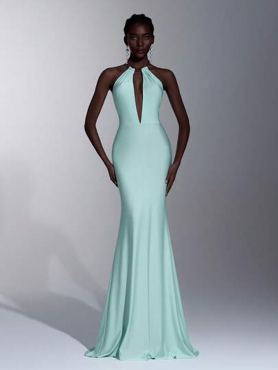 Elitara Elegant & Luxurious Turquoise Blue, Elastic Knit, Pearl Chain Halter Backless Mermaid Bridesmaid Dress