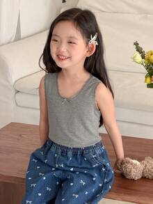 DAZY 3pcs Young Girls Fitted Vest Set With Bow Decor, Young Girl Fall Clothes Summer - Multicolor - View 4
