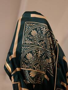 女士优雅几何图腾复古印花仿丝开衫短袖睡衣套装 - 墨綠色 - 查看 6