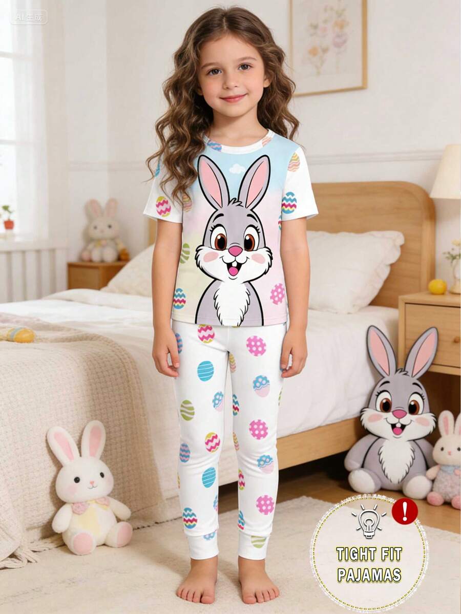 1 Set Pijama de niña con parte superior de cuello redondo elástico y estampado de conejito y huevo de Pascua, y pantalones ajustados con estampado todo sobre, para primavera/verano, regalo de Pascua para niños - Blanco - Ver 1