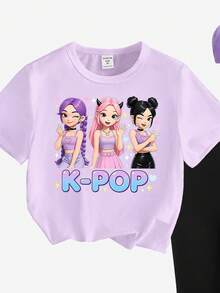 SHEIN 春夏秋季少女休闲时尚创意个性清新简约虚拟少女组合彩色爱心星星图案字母标语印花舒适基础款短袖T恤和打底裤套装，温暖的夏秋风格，适合春、夏、秋季穿着。 - 彩色 - 查看 5