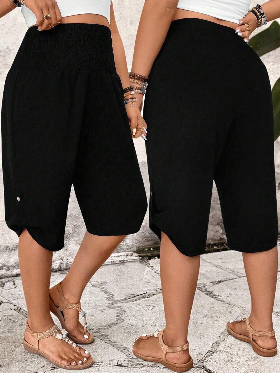 SHEIN PETITE CURVE 女士休闲抽绳腰百慕大短裤，百搭 - 黑色 - 查看 1