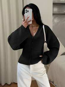 Siren Gaze Women's Solid Color Button-Up Fitted Waist Knit Cardigan, Casual Everyday Wear, Autumn/Winter - Black - View 3