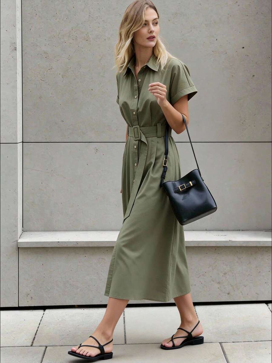 BizChic Women's Solid Color Button Front Slant Pocket Short Sleeve Dress, Urban Commute Business Casual Elegant Formal Party Dress For Halloween, Christmas, Gatherings - Army Green - View 1