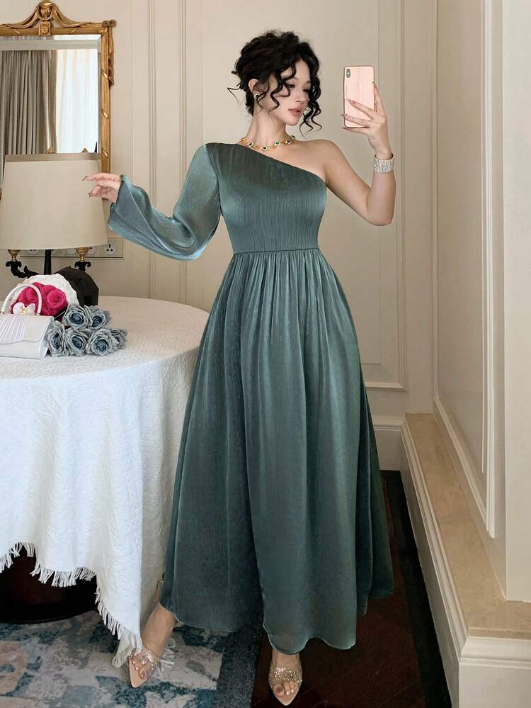 Elegant Rhinestone Embellished Shoulder Dress, Suitable For Weddings, Parties, Formal Occasions, Spring/Summer Sundress