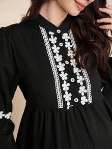 SHEIN Maternity Mandarin Collar Button Floral Embroidery Ruched Casual Everyday Dress - Black - View 5