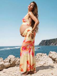MaterniChic Maternity Casual Printed Halter Neck Tank Top & Skirt 2 Pieces Set, Summer - Yellow - View 7