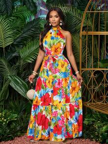 SOLERSUN 女士时尚印花露背吊带长裙，配腰带，飘逸度假风（随机印花） - 紅色 - 查看 3