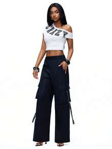 TypaGal Women's Y2K Navy Blue Autumn Punk Bar Party Summer Black Chic Pocket Rivet Decoration Loose Fit Printed Pants Elastic Waist Beach Vacation - Black - View 5