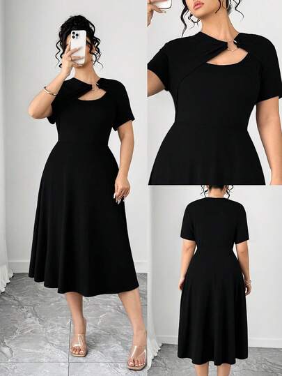 Elenzga 大码女士优雅收腰A字短袖连衣裙，独特领口设计，金属搭扣装饰，适合工作、购物、日常穿着，春夏皆宜。