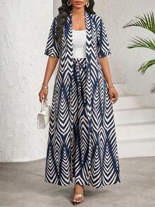 SHEIN Lady Women's Summer Vacation All-Over Print Short Sleeve Shirt And Wide Leg Pants 2 Pieces Set - Navy Blue - View 3