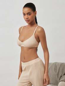 Ocili 100% Cotton Ribbed Comfortable Basic Minimalist Chic Autumn Casual Women Bra - Khaki - View 7