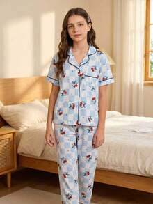 Girls Floral Bubble Plaid Print Lapel Cardigan & Pants Casual Lightweight Outfit, Spring/Summer Loungewear - Multicolor - View 9