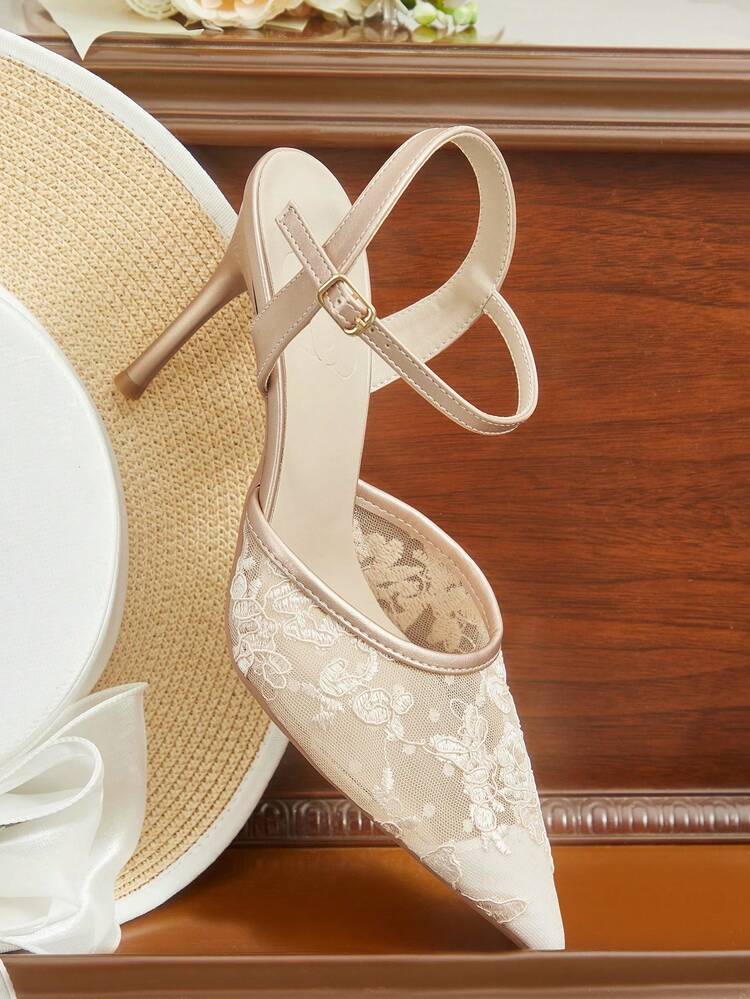 CUCCOO HITCHD Women Shoes Pointed Stiletto Champagne Mesh Lace Simple Ankle Strap Women's Slingback Shoes Wedding Party Banquet Simple Fashion Sexy Women's High Heel Shoes Women's Shoes