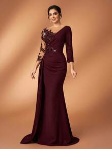 Serin Elegant Luxurious Pearl Beaded Mesh Sleeve Ruched Mermaid Hem Stretch Knit Dress, Suitable For Weddings, Parties, Holidays, Bridal Showers, Galas - Maroon - View 7