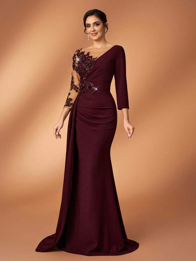 Serin Elegant Luxurious Pearl Beaded Mesh Sleeve Ruched Mermaid Hem Stretch Knit Dress, Suitable For Weddings, Parties, Holidays, Bridal Showers, Galas - Maroon - View 7