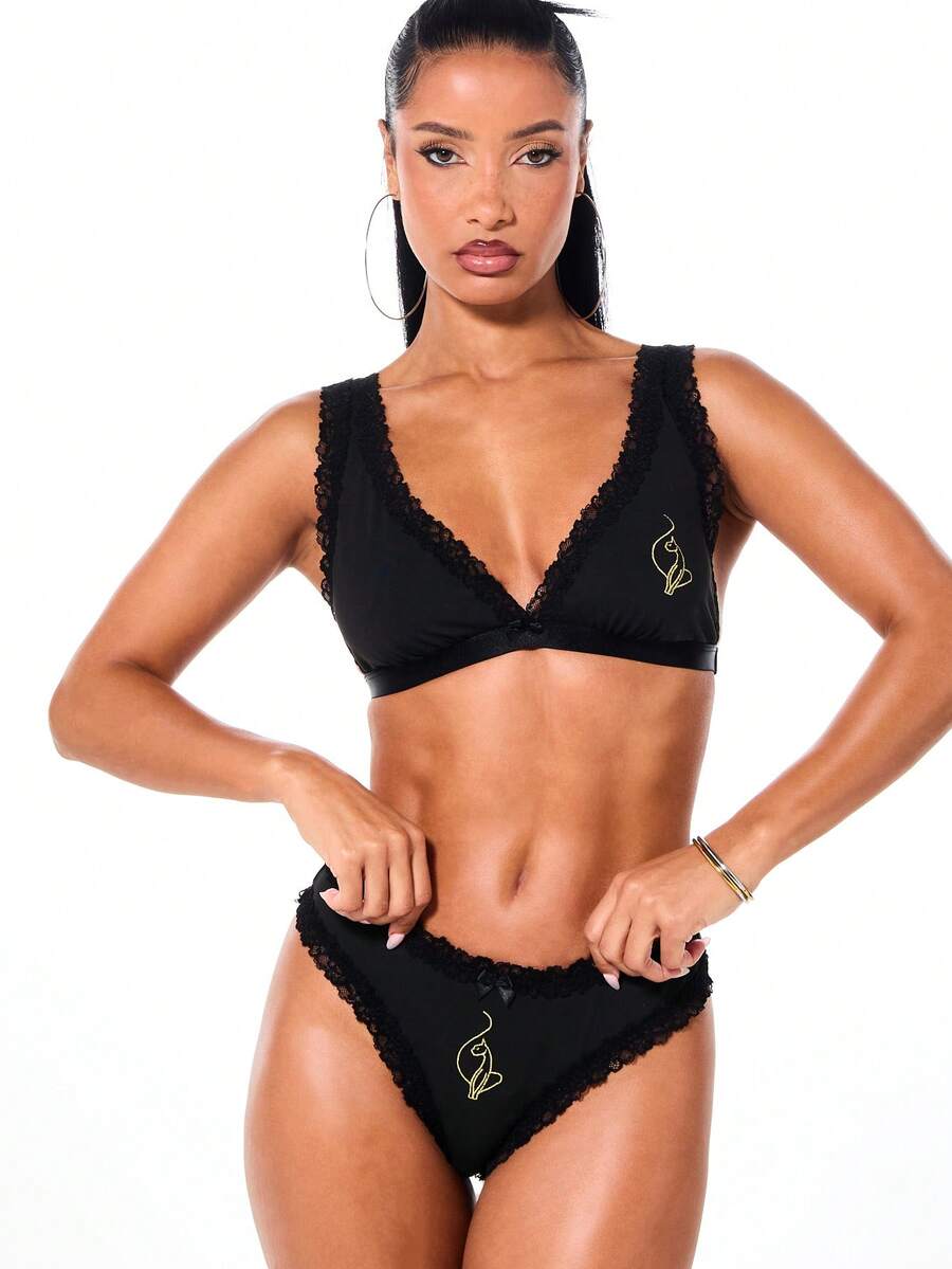 BABYPHAT Luxurious Lace Trim Bralette And Thong Set With Deep V Neckline And Ruffled Edges For Intimate Occasions - Black - View 1