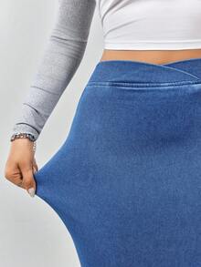 Flexra Women's Casual Fashion Street Chic Overlap Waist Split Thigh Denim Skirt - Blue - View 5