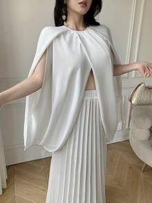 Celisse Bộ đồ nữ mùa xuân/hè mới: Chân váy dài xếp ly cổ tròn xẻ tà bất đối xứng, eo chun, 2 mảnh, thời trang thường ngày, thanh lịch. - trắng - Xem 3